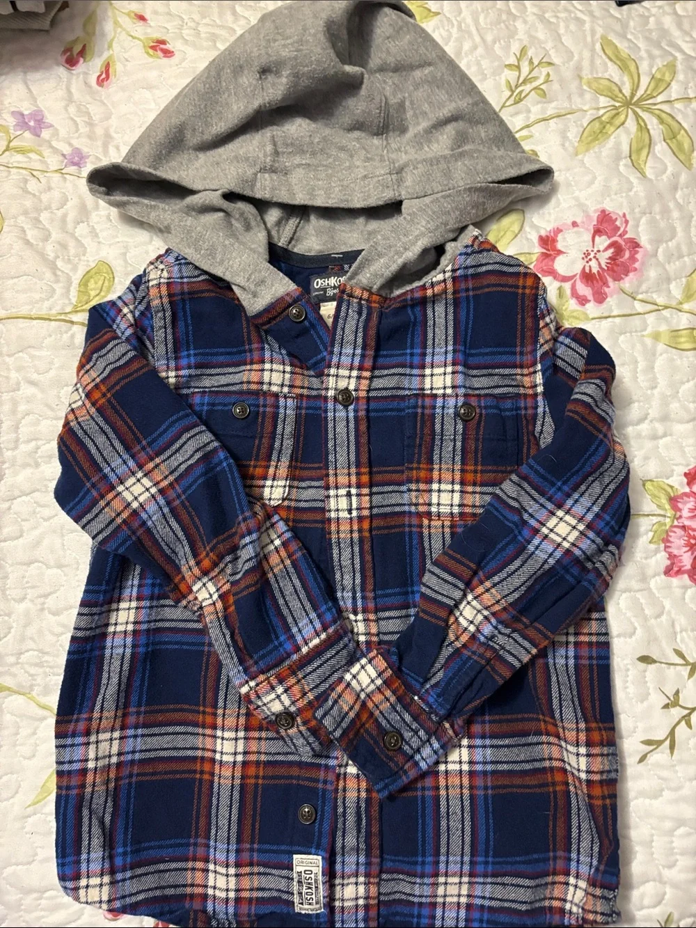 OshKosh B'gosh Navy, Orange & Gray Plaid Hooded Button-Down Shirt